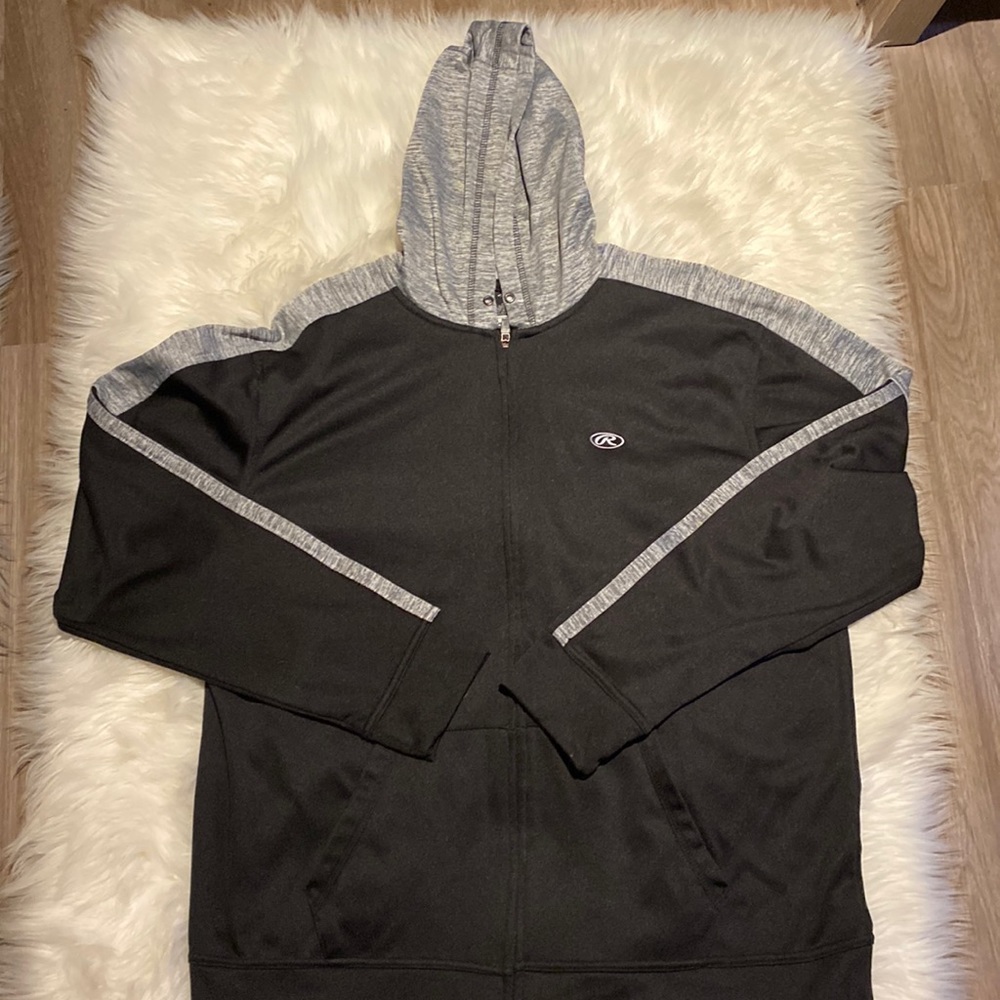 Rawlings Mens Hoodie Hooded Zipper Up Sweater Black and Grey Size X-Large